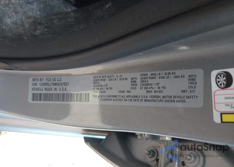 2021 Ram 1500 Laramie 4X2 5'7 Box z USA, uszkodzony, nr VIN 1C6RREJT8MN767937